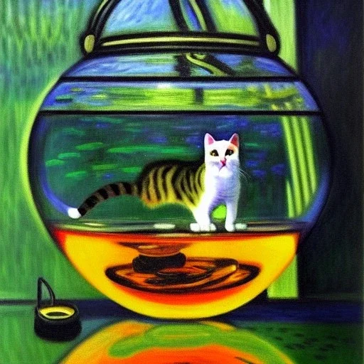 oil portrait of a Cat fishing in a fishbowl by Monet 8k