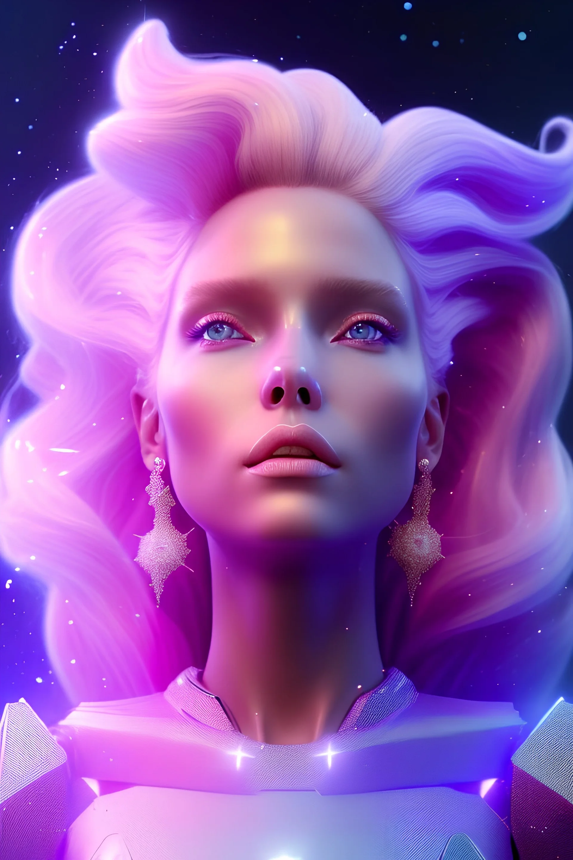 A portrait of a crystalised queen, atmospheric, blond long hair, blue eyes, realistic, unreal engine cosmic galactic, cinematic lighting, octane render, transparent,bleu pink light, Horse tail, cristal goutte rose sur le front