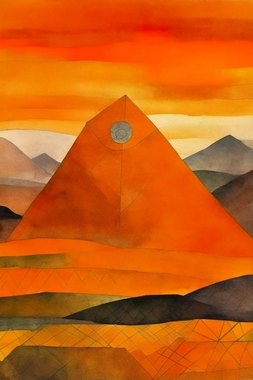 An orange rocky mountain painted by Paul Klee