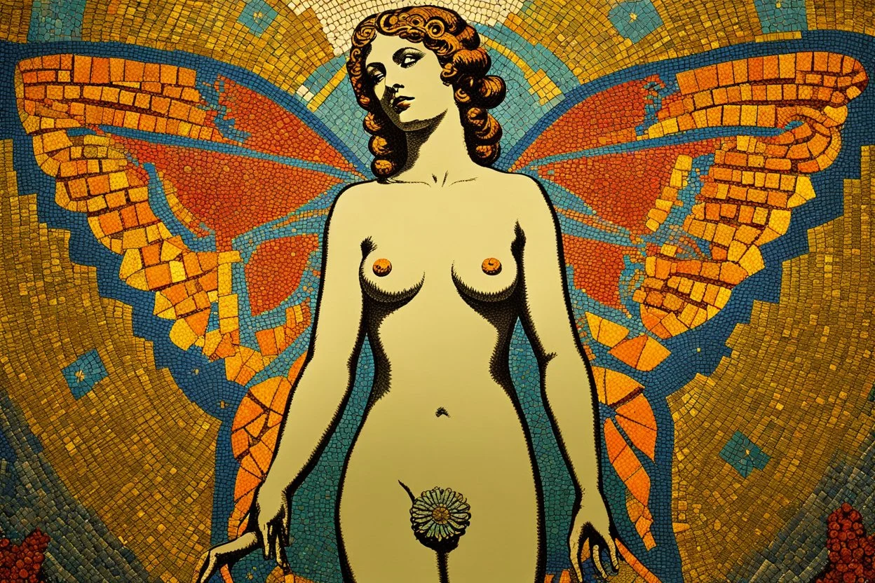 colorful psychedelic painting of ancient god psyche depicted in ancient mosaic art as a butterfly-winged woman by andy warhol