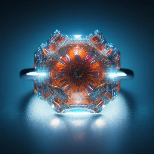 Ring made by diamonds shreds of glass, orange diamonds sparkles, red rubi fragments, surrealism, around, blue lights reflexes, complex structure, gold details, intricate ring shine,Unreal Engine 5, macro lens,sharp focus, photorealistic, hyper detailed, studio lighting, neon light ambient, cinematic lighting trending of by artstation