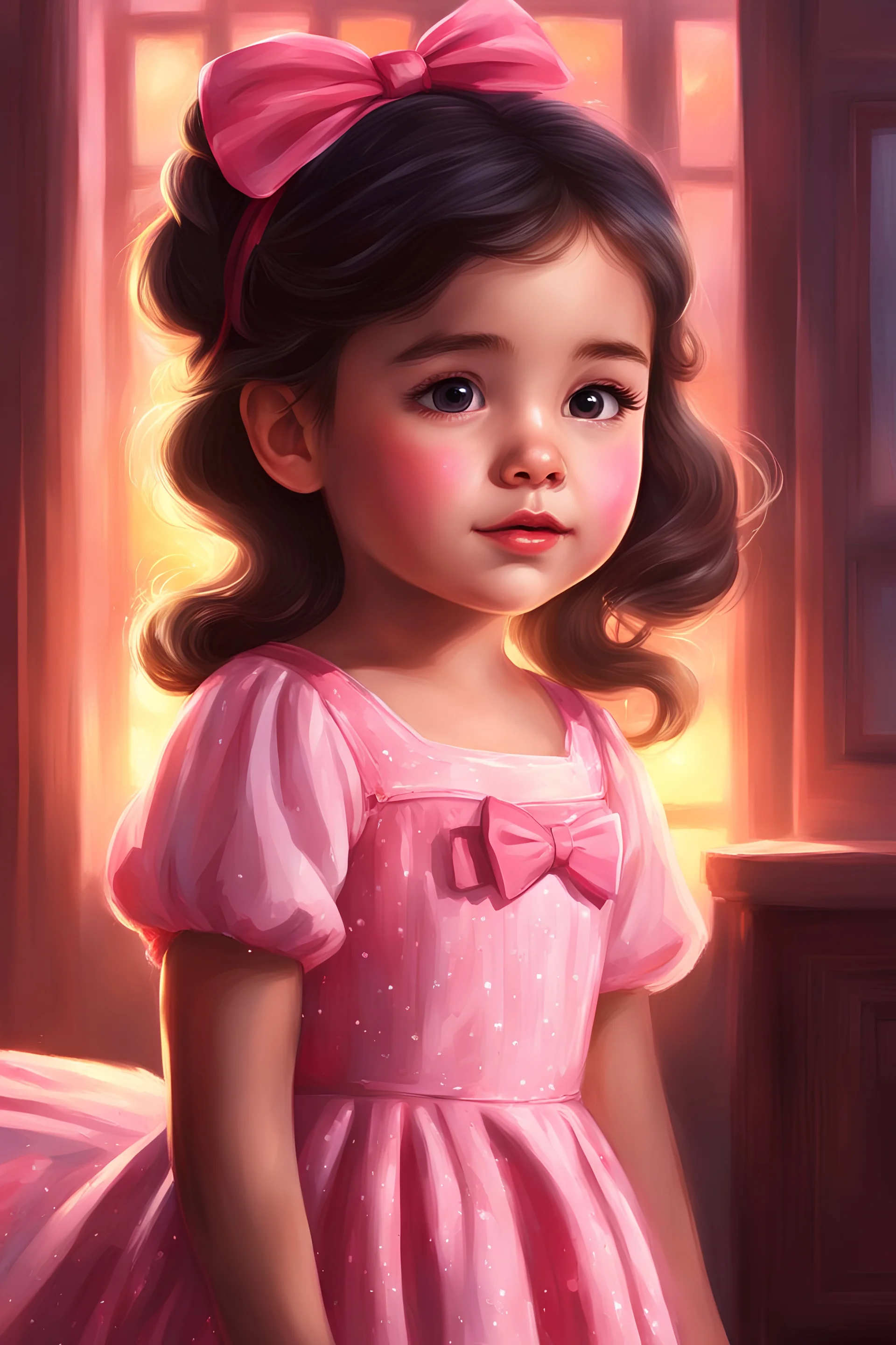 Digital painting of a cute little girl in a pink dress, front view, Agnes face, dark hair, bow on her head, glowing eyes, rosy cheeks, red lips, sunset, light from behind, cozy room in the background, Disney art, digital painting style, High Quality, 4k