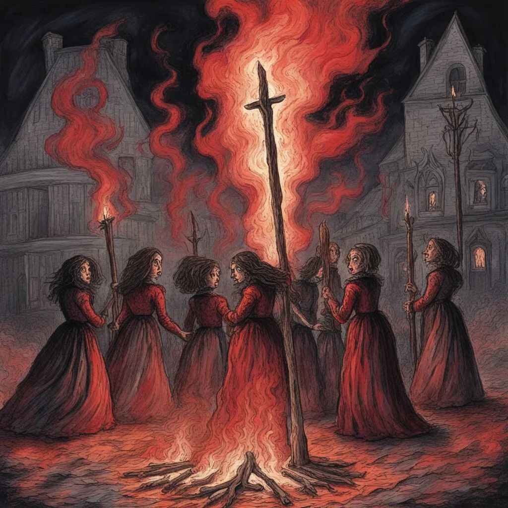 Midnight 18th century burning witches at the stake, dramatic, horror, by Sandra Silberzweig, scary crimson hues, rough illustration