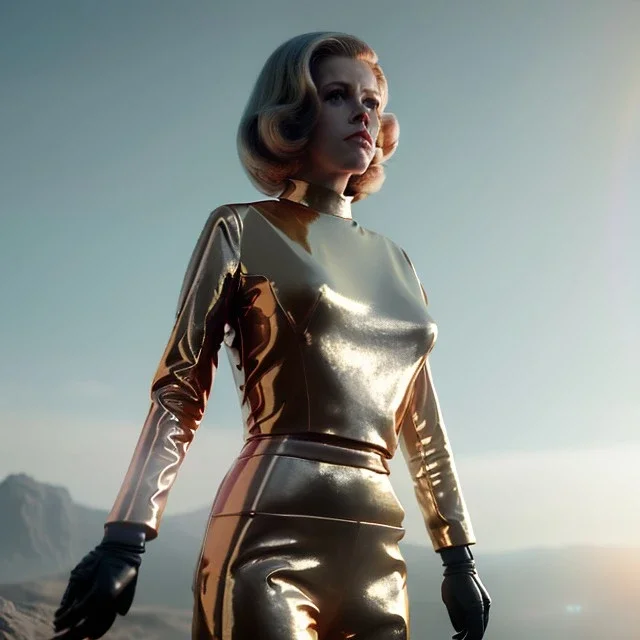 Ultra Realistic retro sci-fi portrait image from 1960, spaceship, sweet young Jane Fonda, dress with tight latex suit, lightsaber fighting stance, soft color, highly detailed, unreal engine 5, ray tracing, RTX, lumen lighting, ultra detail, volumetric lighting, 3d, finely drawn, high definition, high resolution.