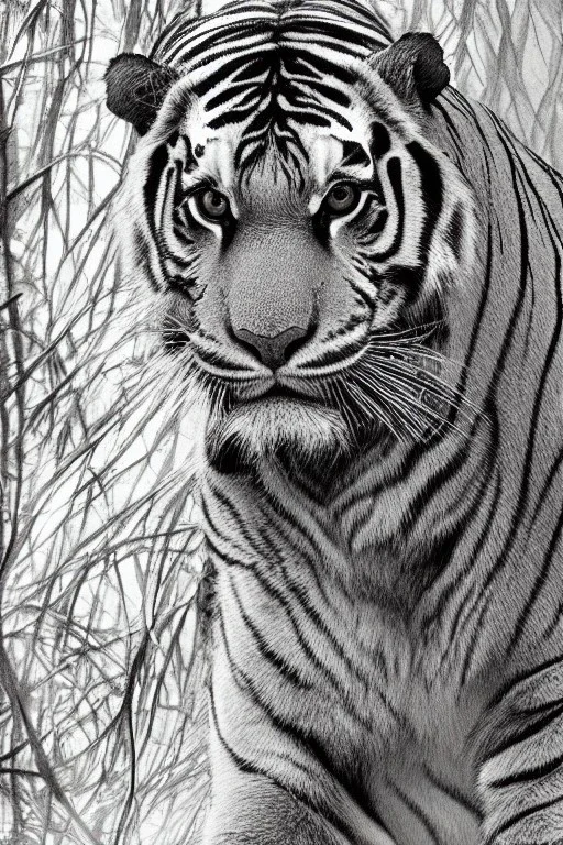 Rainforest, tall hybrid of human and tiger walking, frontal, model style, hyper realistic, accurate, delicate, extremely detailed, Graphic novel style, wide-angle, front view, open aperture, superfine pencil