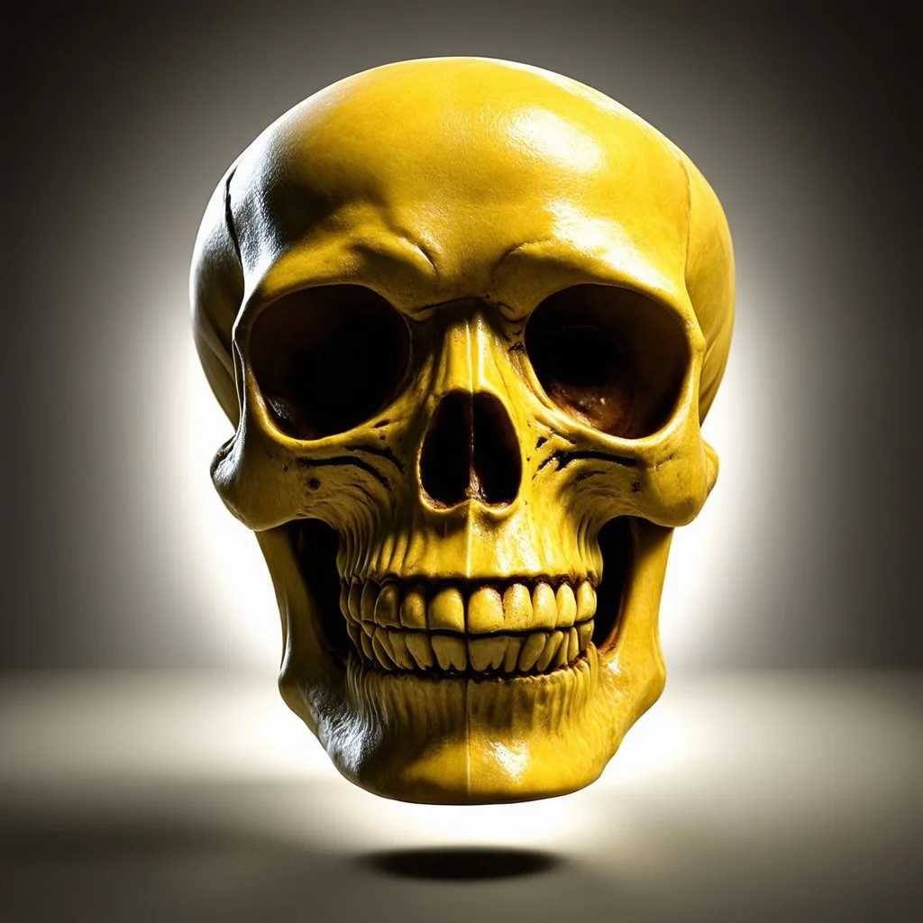 ANATOMICALLY CORRECT digital photograph of the SKULL OF A freshly skinned SMILEY FACE with fine line, highly detailed, high resolution, horrorcore, photorealisitc, awardwinning, action shot, matte, studio lighting, magazine cover, the skull is yellow, and the eyesockets are darker and more of a oval shape
