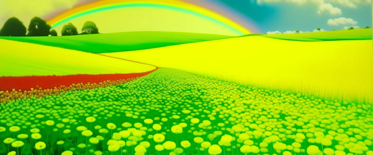 A light pale yellow field with clovers and a rainbow painted by Karl Wiener