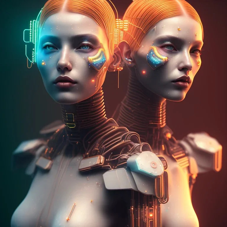 A beautiful portrait of a cute cyberpunk woman happy, grain on the skin, tribal tatoos, orange color scheme, high key lighting, volumetric light high details with white stripes and feathers full length clean art NFT, soft lighting, soft pastel gradients, high definition, blender 3d cinematic, op art, visionary art, sacred geometry, fractal, white balanced