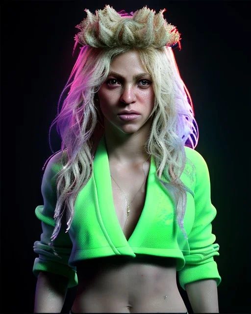 portrait, Shakira, blonde artist, angry, Realistic image, MMA robe, hoodie, mma gloves, band aid, loose long hair, eyes make up, face thunder gold make up, circle iris. moisture sweat, fog, Neon colors, leds. Dark background, photo studio, concept art, smooth, unreal engine 5, god lights, ray tracing, RTX, lumen lighting, ultra detail, volumetric lighting, 3d, finely drawn, high definition, 4k.