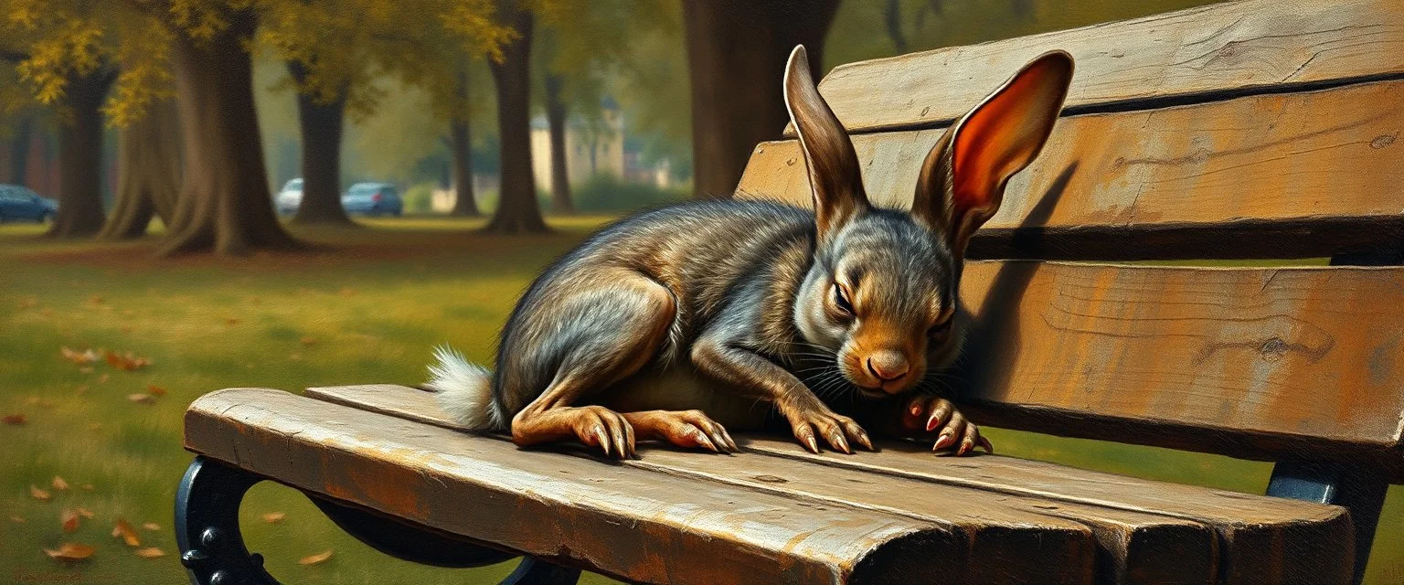 master oil painting by Rembrandt, kobold gremlin rabbit sleeping on a bench in the park