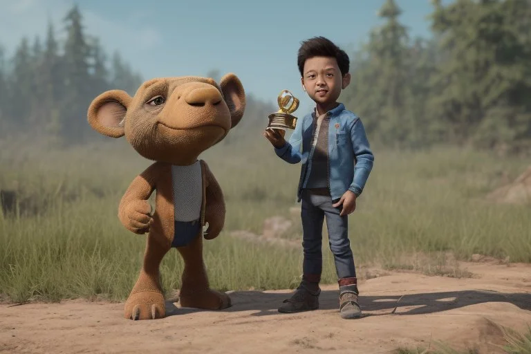 Boy character with creative trophy with his hand like winner