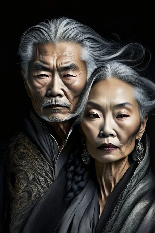 a photo of an Asian man and woman with ethnic jewelry, grey hair and grey flowing robe, in style of Annie Leibovitz, contemporary portrait of a mature yet beautiful and modernist, black and grey, detailed face, swirling fluid smokey enigma, award-winning artwork