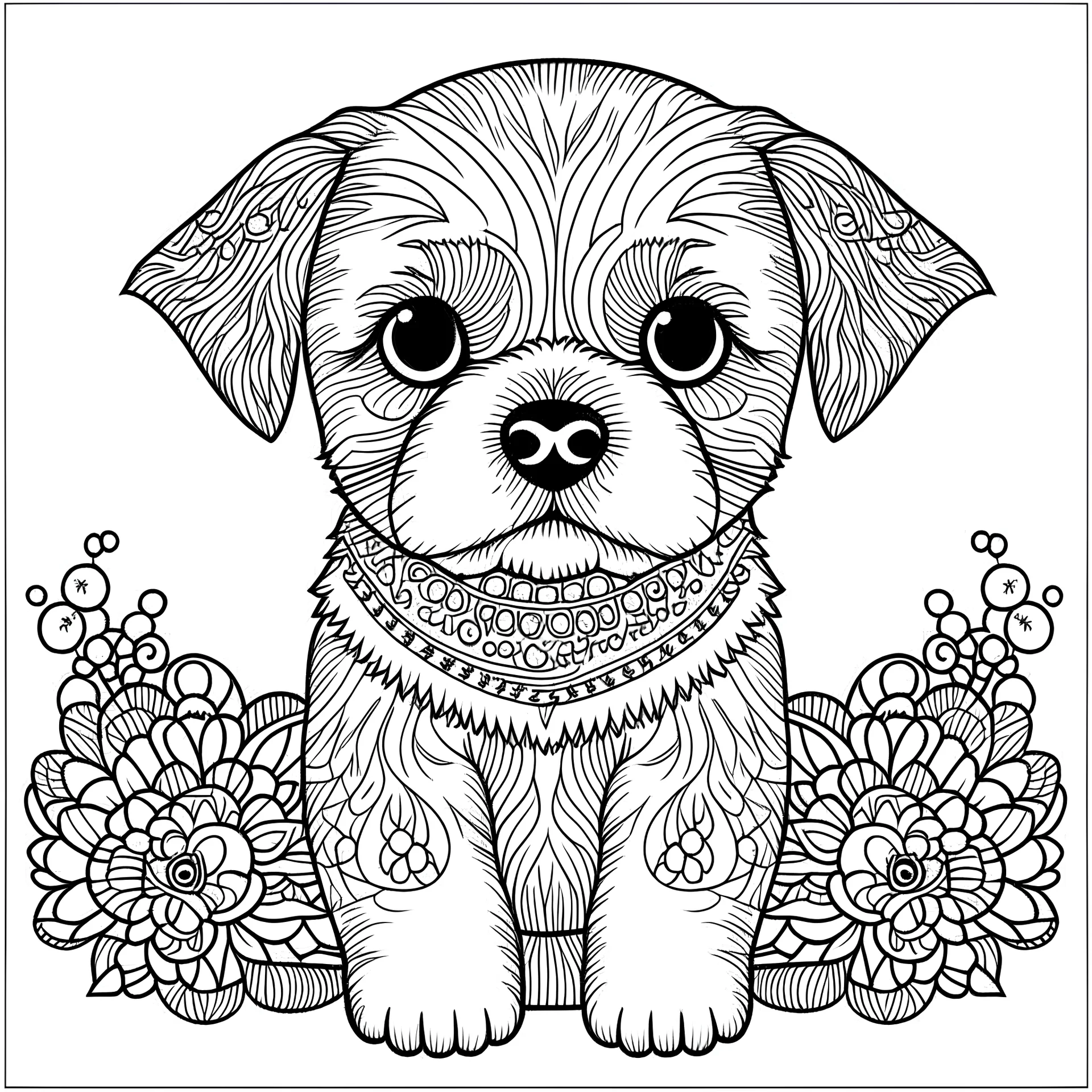 baby dog happy mood, cute animals, mandala style art, full view, realistic, coloring page, only draw lines, coloring book, clean line art, –no sketch, color, –ar 3:4, white background, minimalistic black lines, minimal black color, low level black colors, coloring page, avoid thick black colors, thin black line art, avoid colors, perfect shape, perfect clear lines,