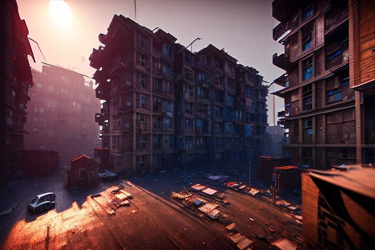 slums, apartment building , projects, unity, scriptable render pipeline , red tone, volumetric lighting.