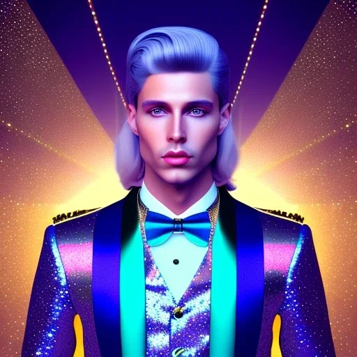 Portrait of an handsome man, prince galactic, glitter blue velvet suit with jewels and stripes, blond hair, blue eyes, cinematic lights unreal engine 5, 4k, high details, beam znd stars in background