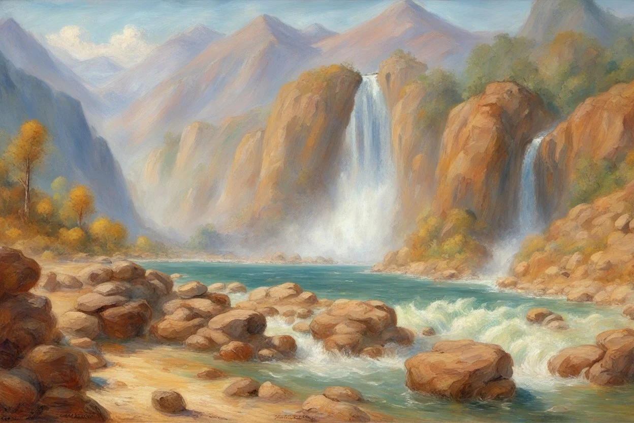 sunny day, rocks, waterfall, mountains, videogame influence of need for speed 4, james ensor impressionism paintings