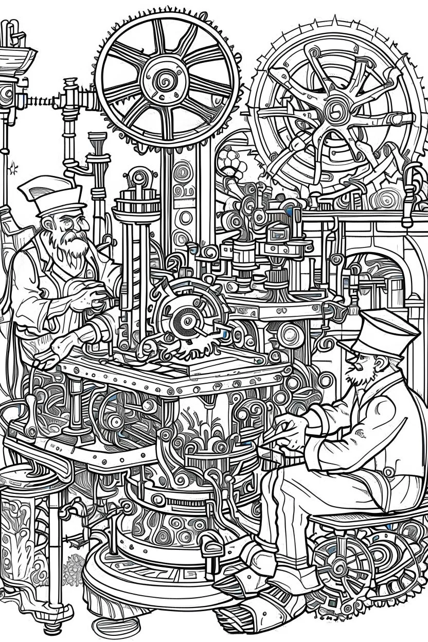 A coloring page of Santa and his elves in steampunk-inspired attire working on futuristic toy-making machinery surrounded by gears, cogs, and steam., a bold ink line sketch drawing illustration.