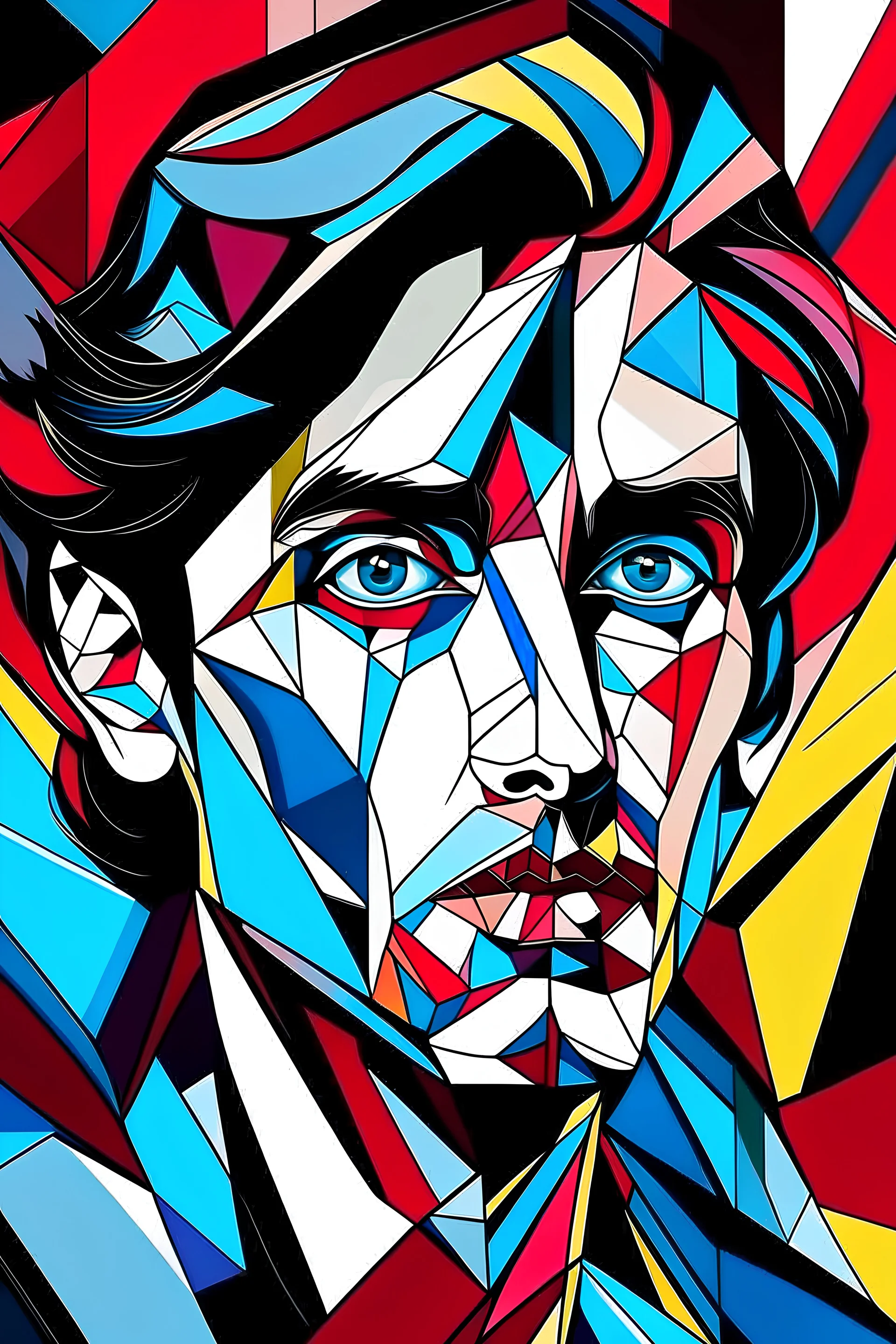 black bold outline, a handsome man with dark hair, blue eye, maroon lips, in saree designed in style of cubism, realistic, pop art style