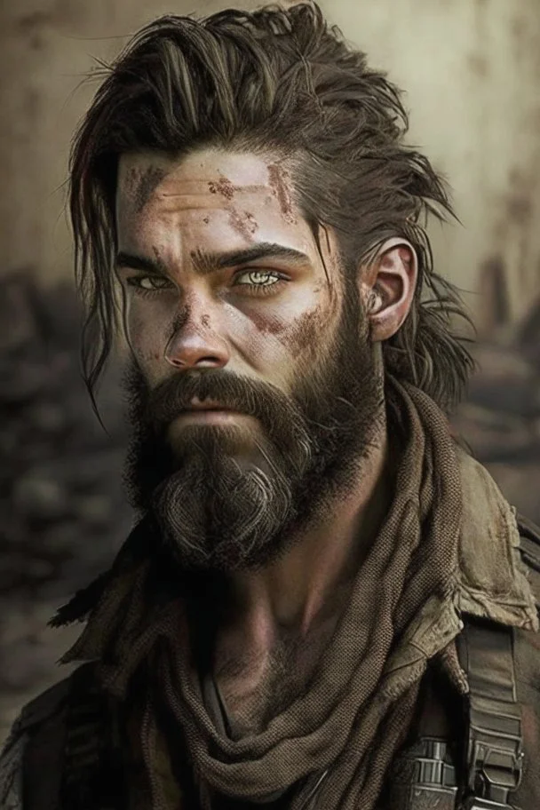 Max Pettis, a former machine gunner, he has wild brown hair and keeps his beard trimmed short. He is fit and strong from years of being on the run in a post apocalyptic world full of zombies