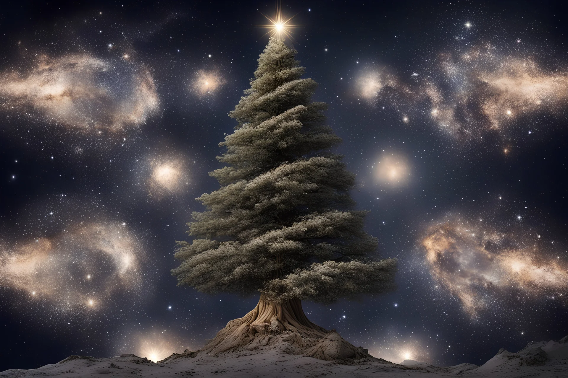 a fairy-tale Christmas tree in space among breathtaking galaxies