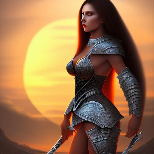 black long hairs lady warrior top under sunset