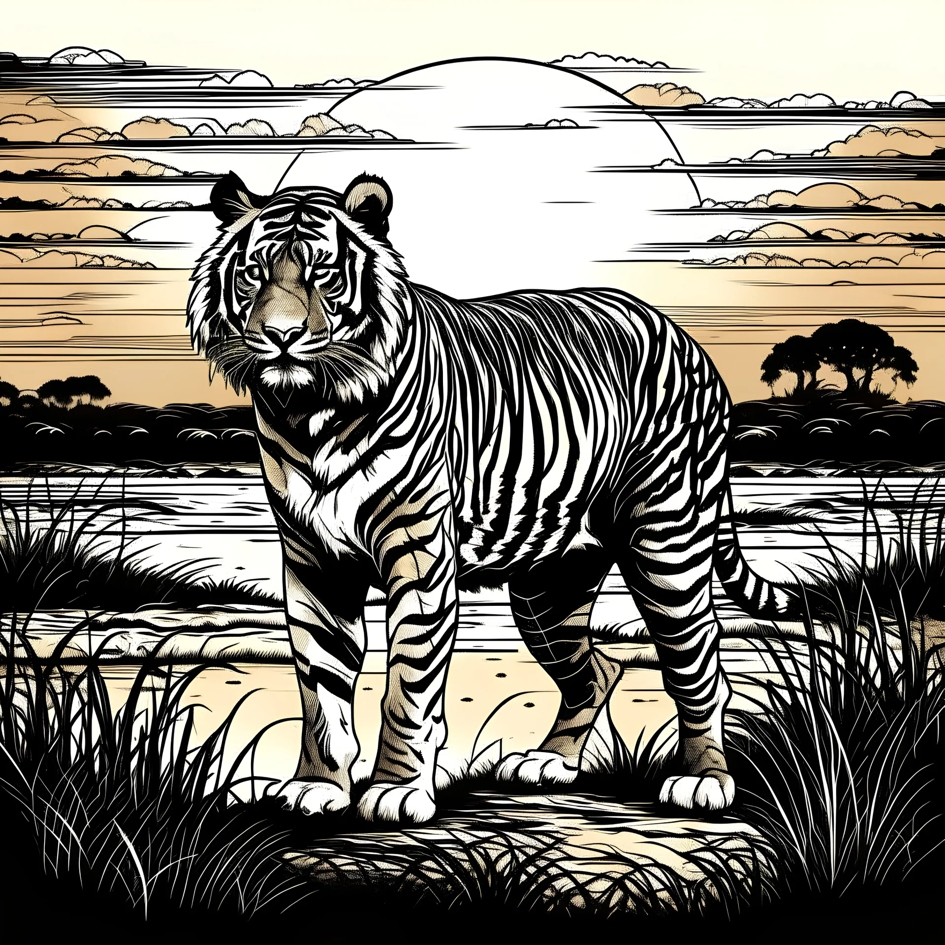 "Tigre maestosa nella savana al tramonto, corpo intero, splendida illuminazione naturale, dettaglio della criniera, capolavoro, illustrazione vettoriale in bianco e nero"