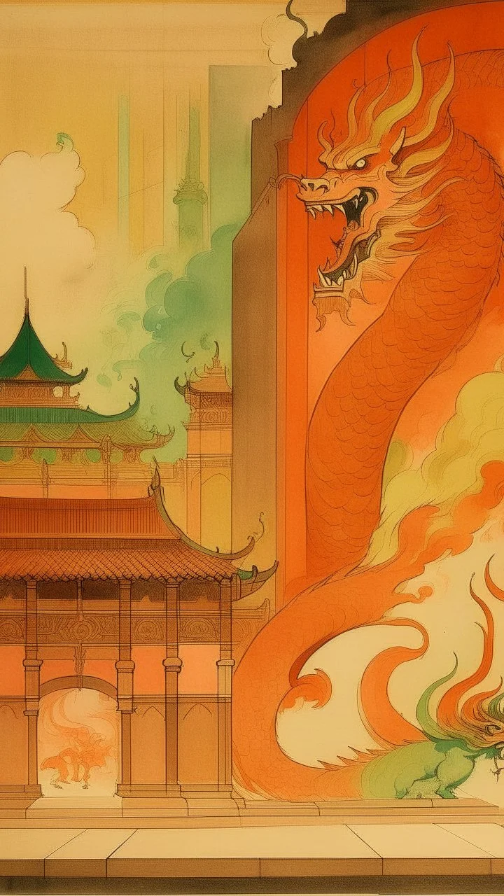 A pale tan fiery palace with a dragon guarding it painted by Lyonel Charles Feininger