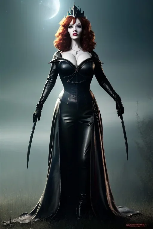 christina hendricks as evil queen in black leather, angry, stern look, volumetric lighting, particales,highly detailed,cinematic, deep colours,8