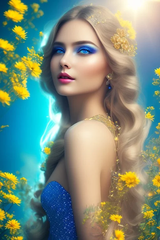 Beautyful smiling young woman, long hair amazing blue eyes, flowers, happy cosmic, bright colors, blue, pink, gold, jewels, realistic, photo real, clear sunny background, highly detailed, high contrast, 8k high definition, unreal engine 5, extremely sharp detail, light effect, sunny light backgroundgold, jewels, realistic, photo real, clear sunny background, highly detailed, high contrast, 8k h,crown