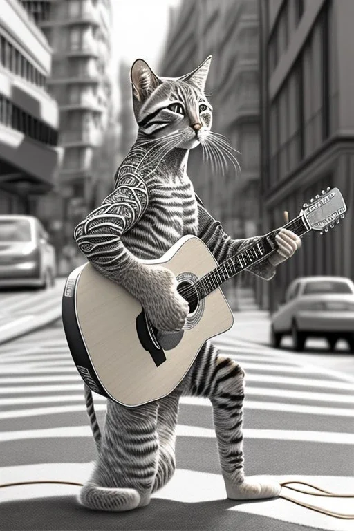 One single mature light cat, friendly, playing guitar in the street, sunny day, model style, hyper realistic, extremely accurate, delicate, extremely detailed, Graphic novel style, wide-angle, open aperture, superfine pencil