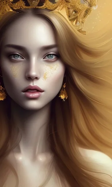 Portrait of beautiful women, correct facial symmetry, golden crown, golden hair, dark background, white flowers, loish style, painting, 8k, colorful, brush strokes,