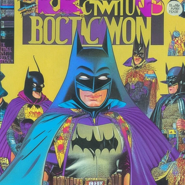 A 1980 medieval comic cover of batman cosplay convention, holographic theme.