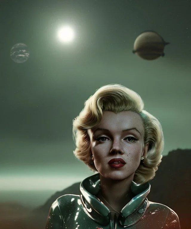 Ultra Realistic retro sci-fi 1960 scene, waist up view portrait, blonde woman, sweet young Marilyn Monroe face, perfect iris, tight latex coat, Strange planet background, Retro sci-fi style glass helmet, sphere dron, fog, rain, soft color, highly detailed, unreal engine 5, ray tracing, RTX, lumen lighting, ultra detail, volumetric lighting, 3d, finely drawn, high definition, high resolution.