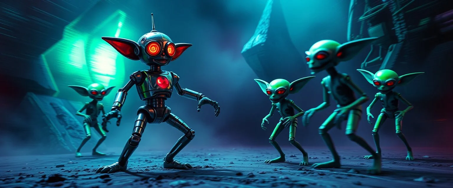 A robot named Dave started doing the splits, Blew a fuse in his hips and short-circuited his bits, The Martian fluffy gremlins went wild, the Plutonians dogs screamed, Even black-and-white aliens turned ultraviolet green! in the style of fallout 4 and HR Giger, background motion blur , and volume fog spot lights