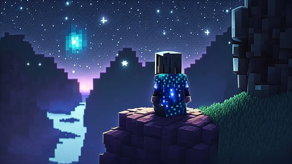 Minecraft Character, minecraft theme, purple starry sky, meditating, facing back, wearing gown, minecraft style, in between two cliffs,