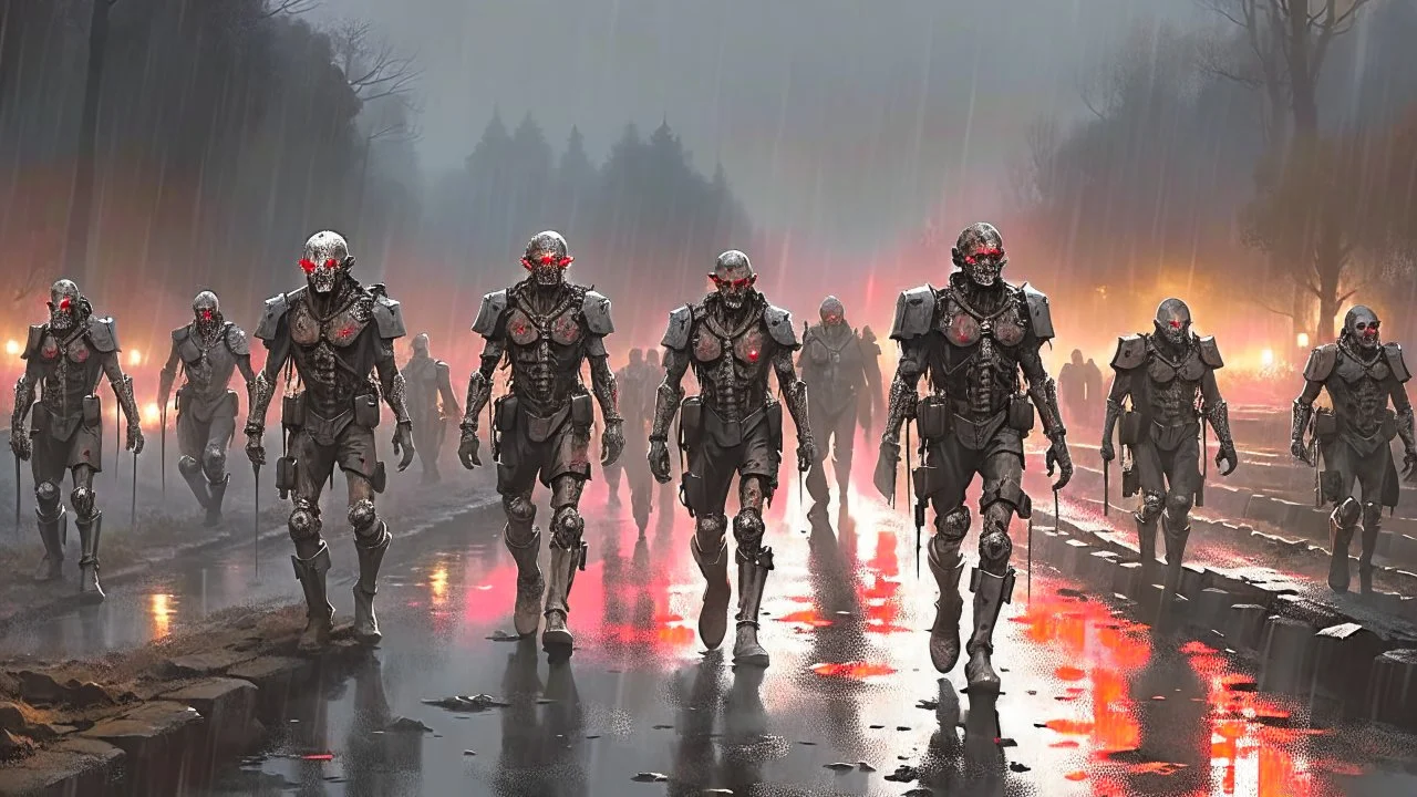 {{{Bio-engineered undead cyborg army marching}}} machine soldiers, future military, tactical wear, gas creepy landscape, techno gothic visual composition, science fiction painting, Denis Sarazhin, Alex Colville, Simon Stålenhag, Neil Blomkamp, Frank bowling, Christopher Shy, Alejandro Burdisio, RAW, gritty, high contrast, atmospheric horror art, gripping and suspenseful, vivid, neon overlay, narrative art, textured, dramatic, surreal horror, gestural, disco diffusion