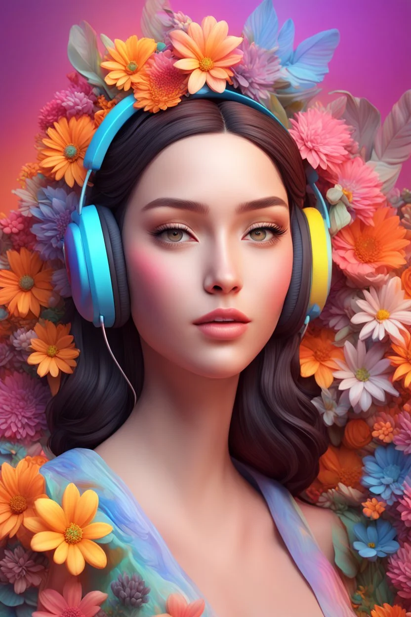 3D illustration of A beautiful woman with headphones on and a deep colorful background with full of colorful flowers, illustration, smooth 3d digital art, exquisite thee-dimensional rendering, 4K, blender, c4d, octane render , disney style 3d light, Zbrush sculpt, concept art, Zbrush high detail, Pinterest Creature Zbrush HD sculpt, neutral lighting, 8k detail