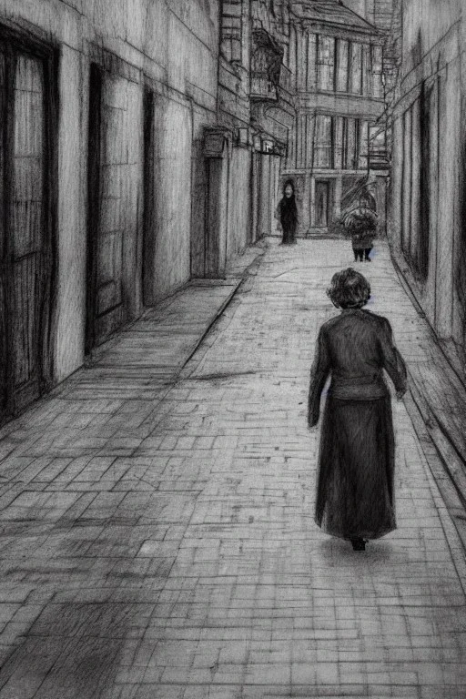 street, old lady with old poodle walking, model style, hyper realistic, accurate, delicate, extremely detailed, Graphic novel style, wide-angle, front view, open aperture, superfine pencil