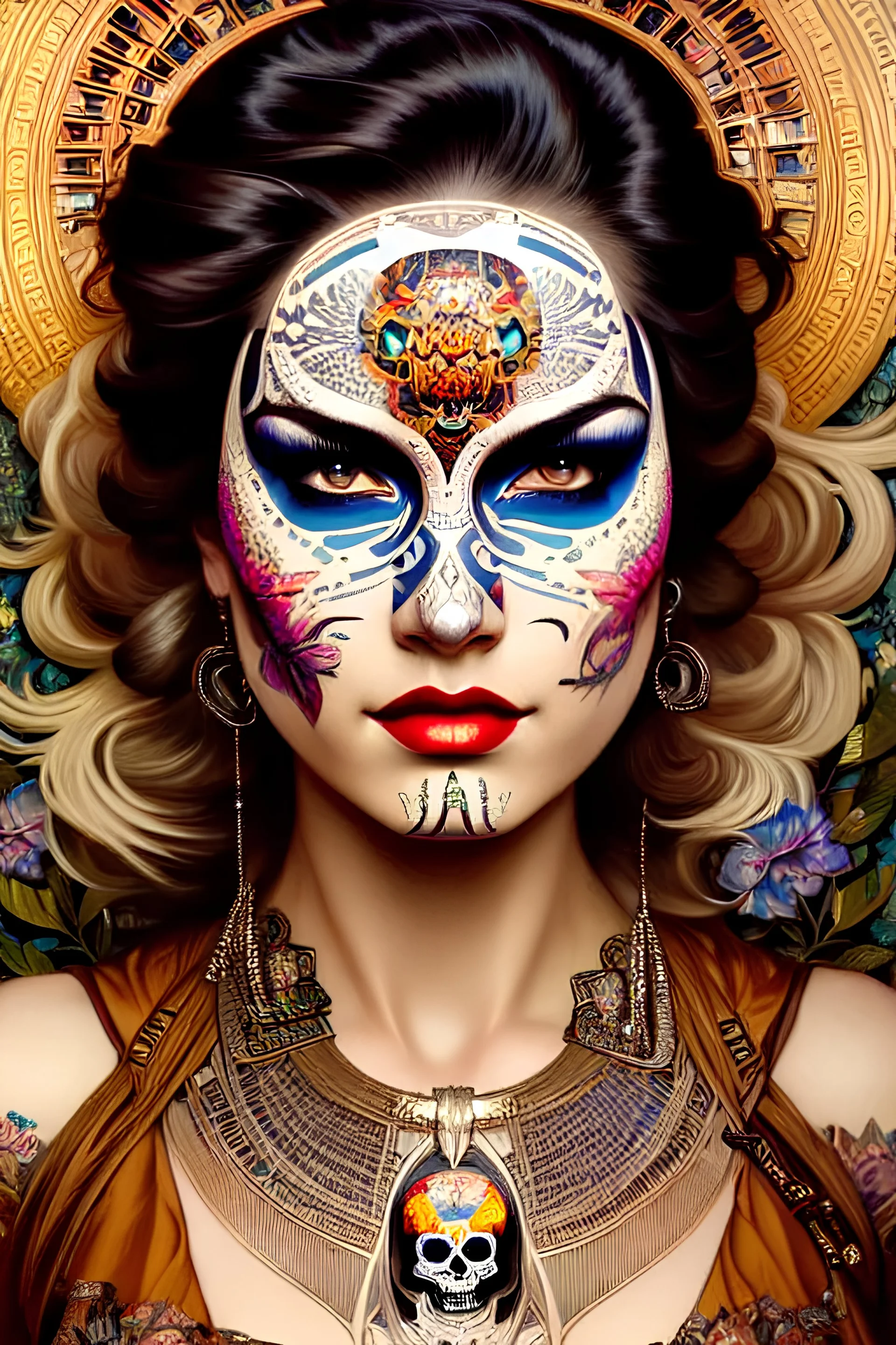 Art Deco, Hyper realist, hyper detailed, intricated, portrait of a stunningly beautiful woman painted as a calavera, greg rutkowski, magali villeneuve, artgerm, wlop, rossdraws, Alphonse mucha