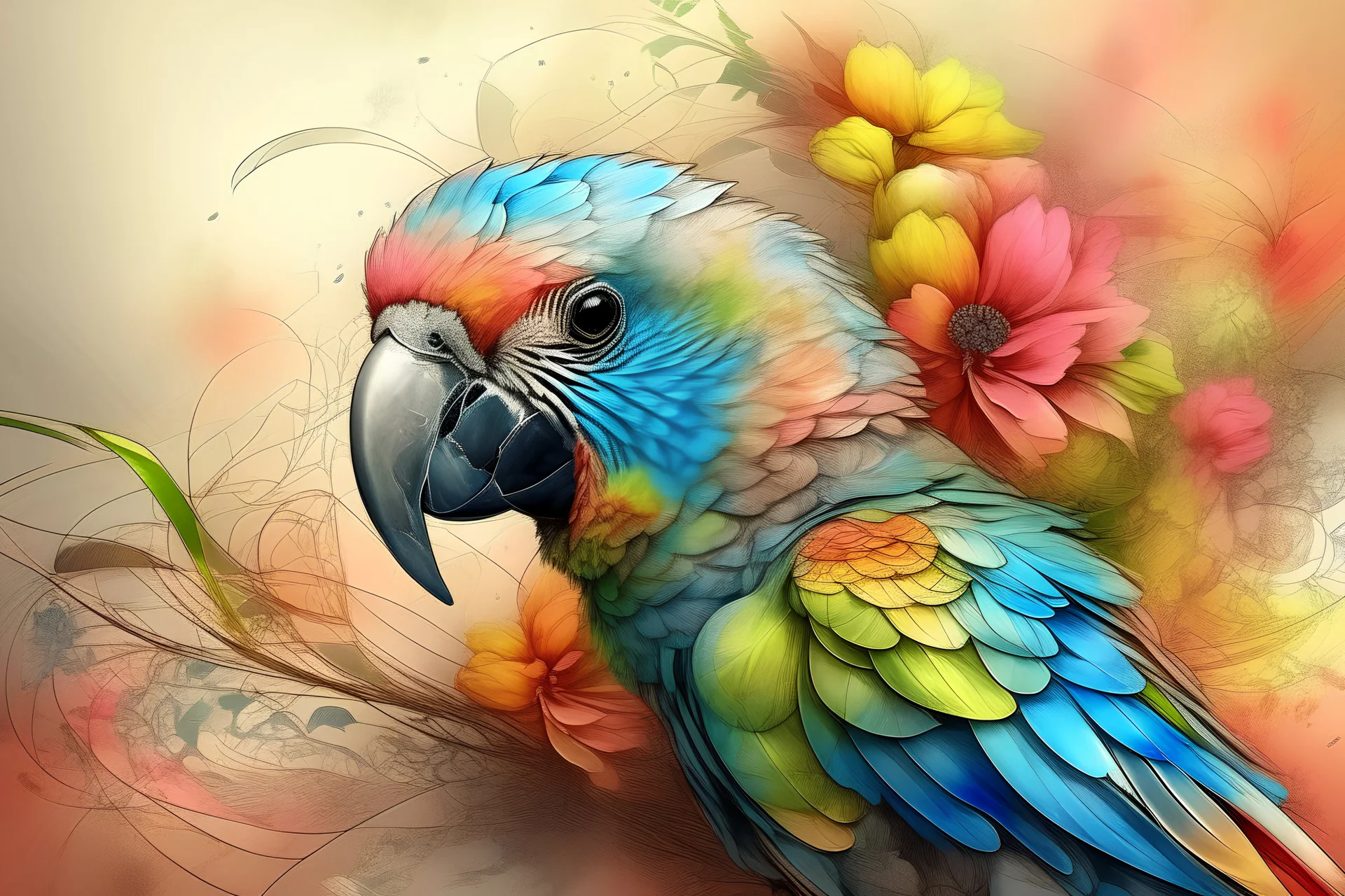 (parrot:1.24),(sketched.fine art:1.64),(fractals.flowers:1:52),(pastel.colors:0.95)