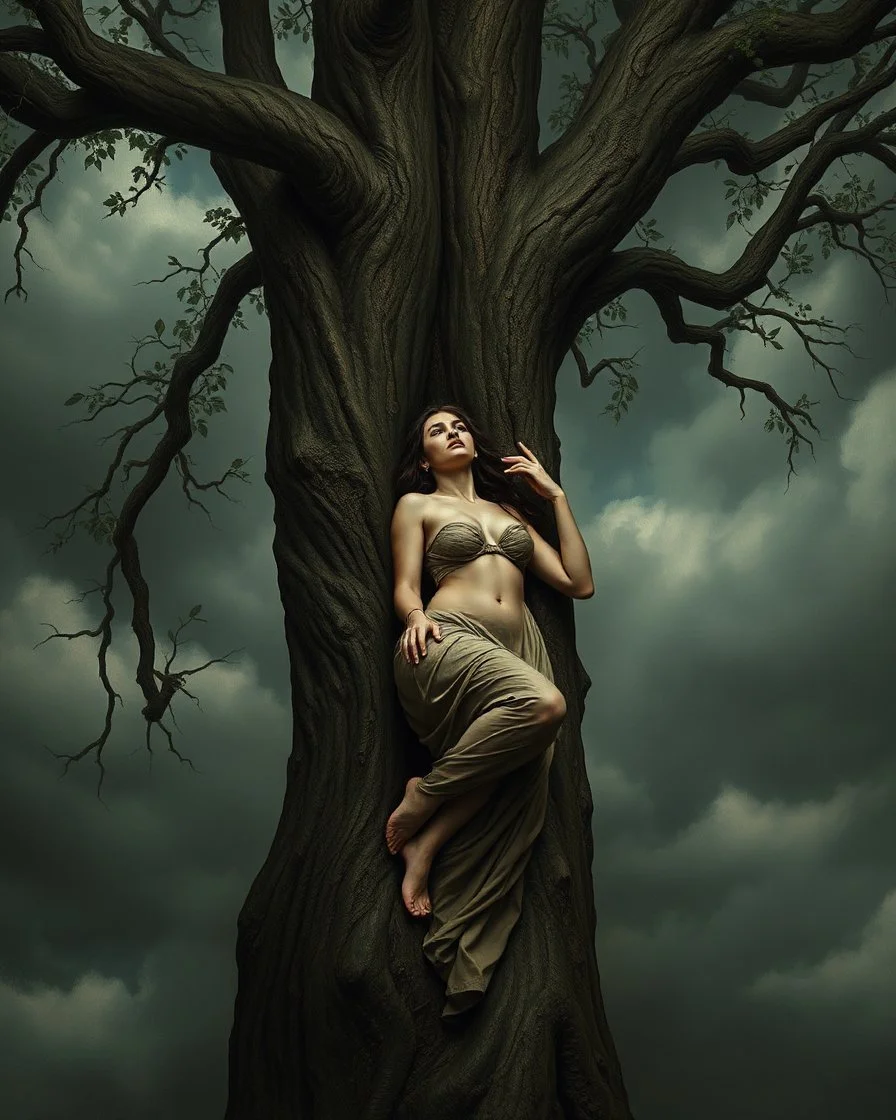Bosch painting style, nightmare , a beautiful woman all her body tided to a tree , with tree branches and leaves, great quality picture with cinematic scenes , heavy clouds in the background