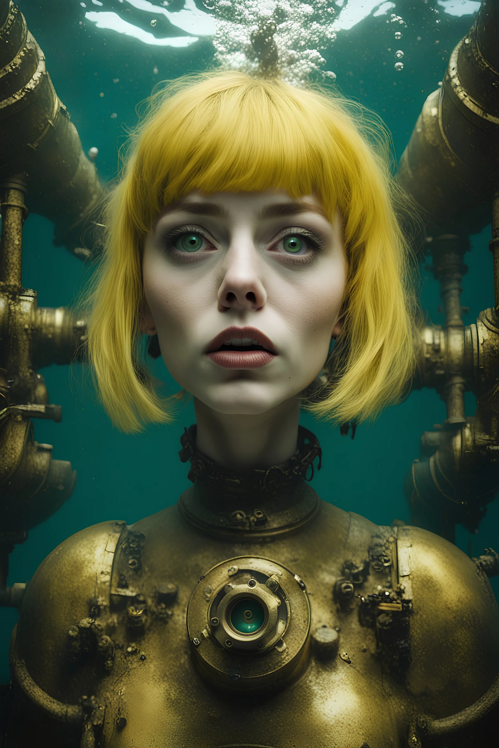 Closeup Girl with big green eyes, short yellow gold hair, dieselpunk, valves rising from the ground, the perspective looking up from the bottom of an empty well , Underwater 8k, macro photography by <John Kenn Mortensen>, darkred tones,