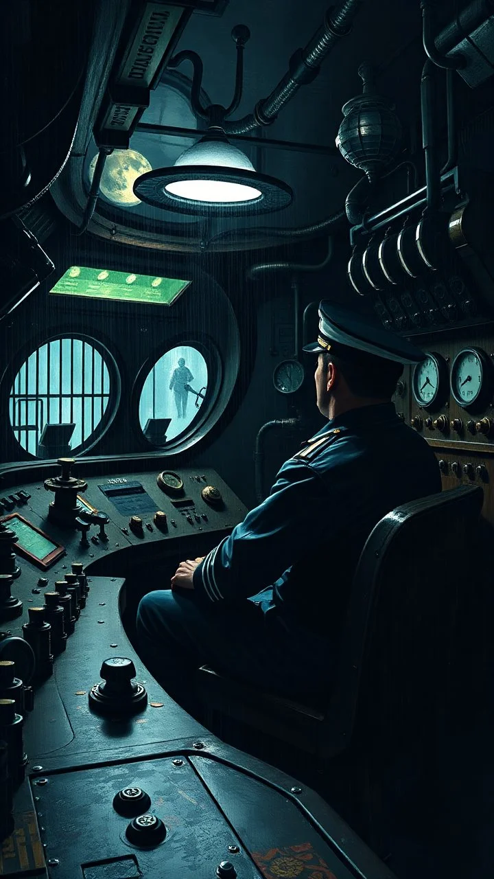 Captain sitting in a dark submarine control room , filled with cages and buttons and valve on the control dashboard paint it in the baroque style,