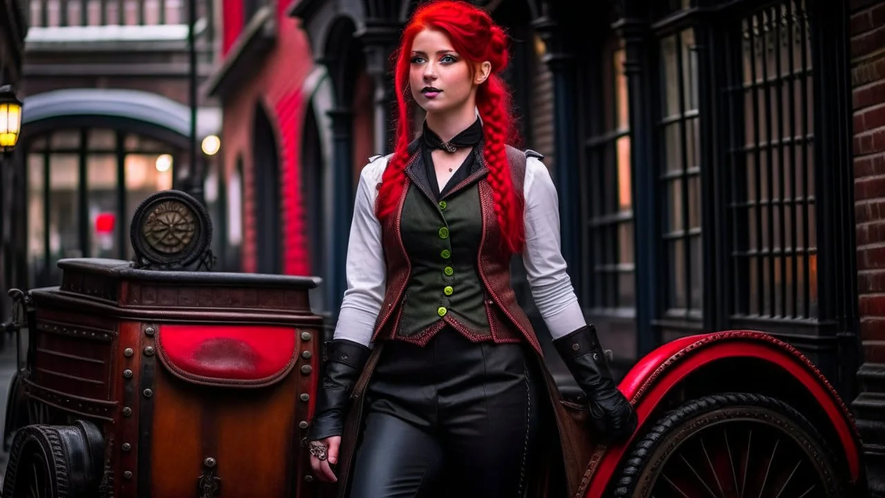 body portrait of a woman with straight shoulder-length red hair, with metal arms and legs, dressed in leather trousers, and a waistcoat, in a Victorian street next to a steampunk carriage, full colour