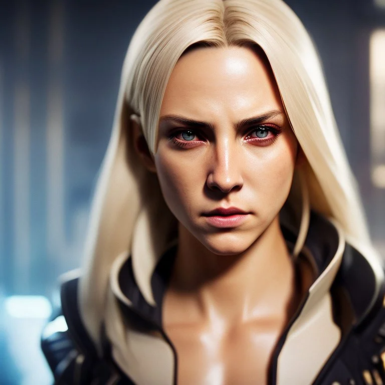 Photorealistic headshot of a fierce blonde assassin cyberpunk dynamic pose