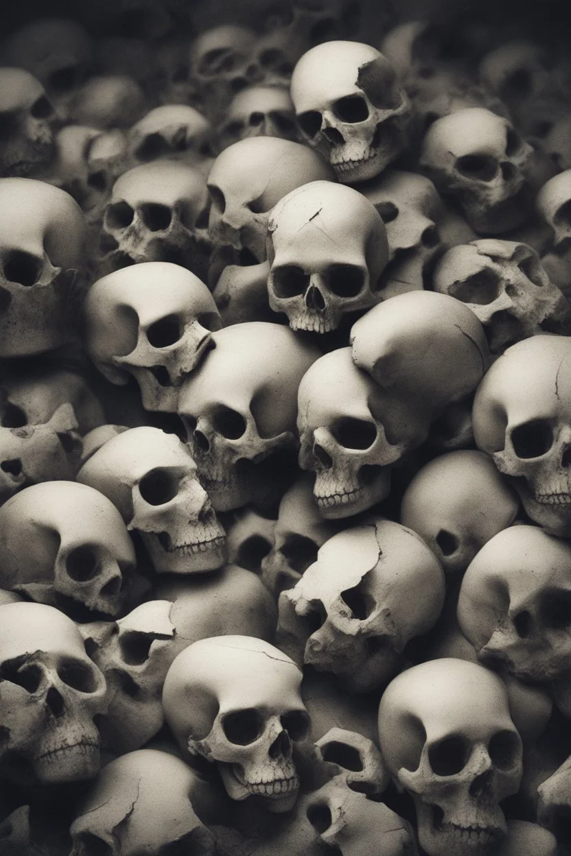 a blurry, distressing, haunting image of fractured skulls, scattered