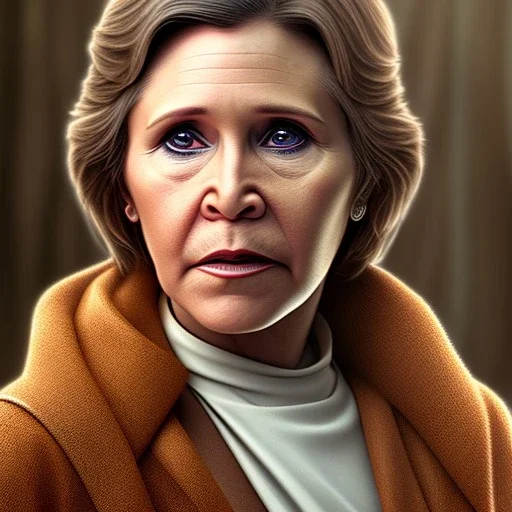 upper body photorealistic jedi carrie fisher in Star Wars, sharp brown eyes, photorealistic skin, dark brown jedi robe, cinematic lighting