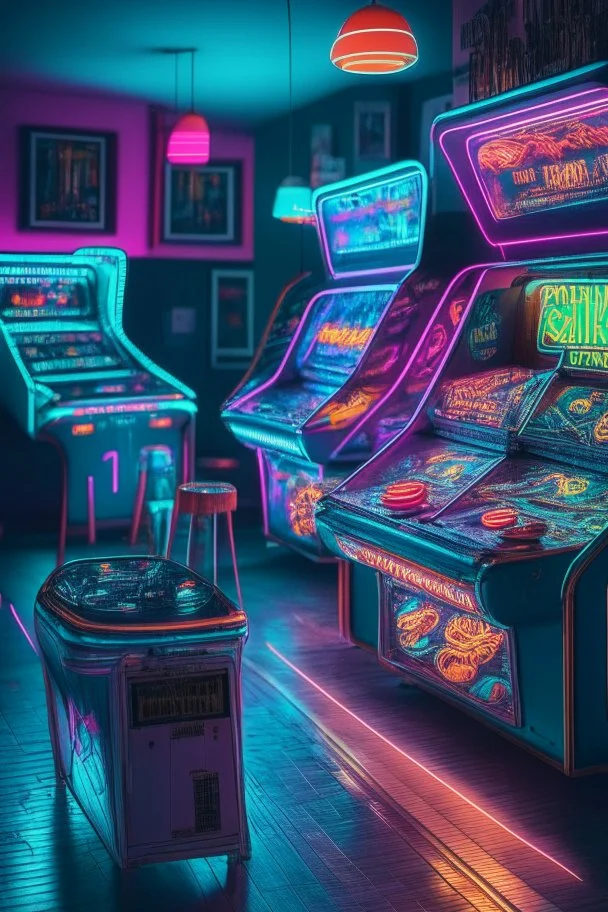 Beautiful pinball machines in a dark room with UV neon lights on the walls. Soft carpets on the floor, drinks in bottles and glasses on small tables