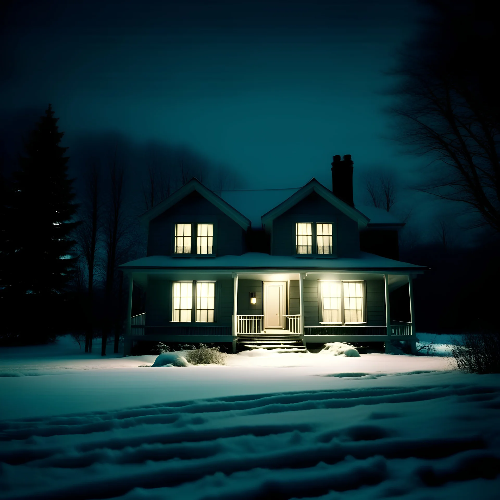 analog film style - A small front elevation of a house centered in a tranquil, snowy landscape at night lit by ambient twilight. The house is dimly cool lit from the inside, casting a soft glow on the fresh snow around it. The background features tall, icy trees shrouded in a gentle twilight, with subtle hints of snow falling silently. The scene is quiet and still, evoking a sense of liminal isolation in the midst of a cold winter's evening. the landscape in the forground is just a snowy plain