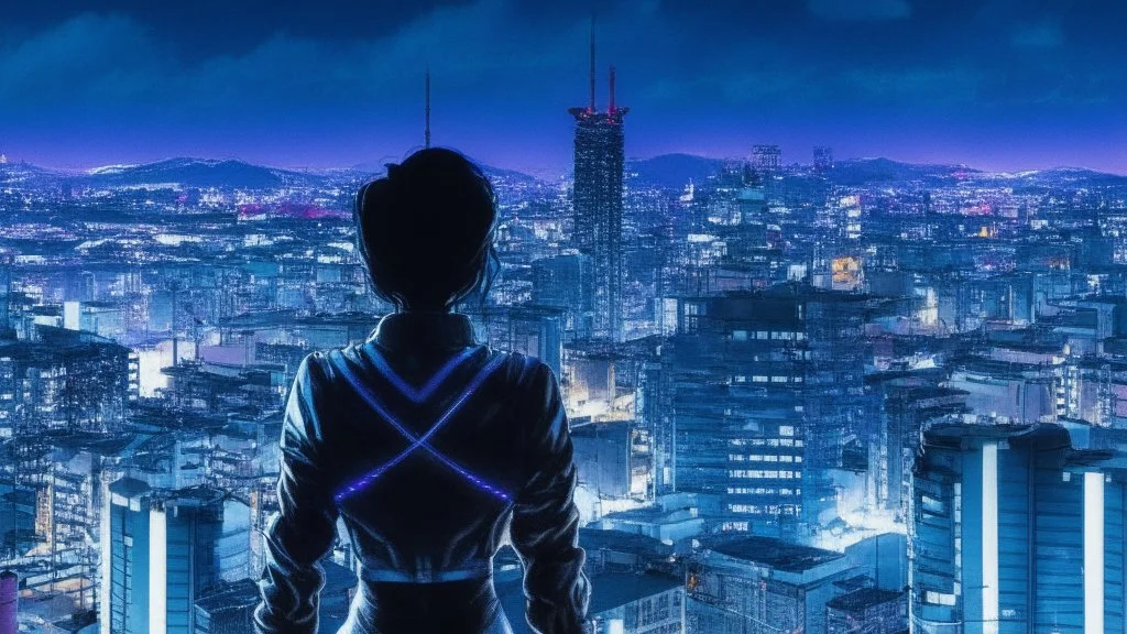 Clear Focus, High resolution, Beautiful girl standing backwards to a Cyberpunk skyline, comic style
